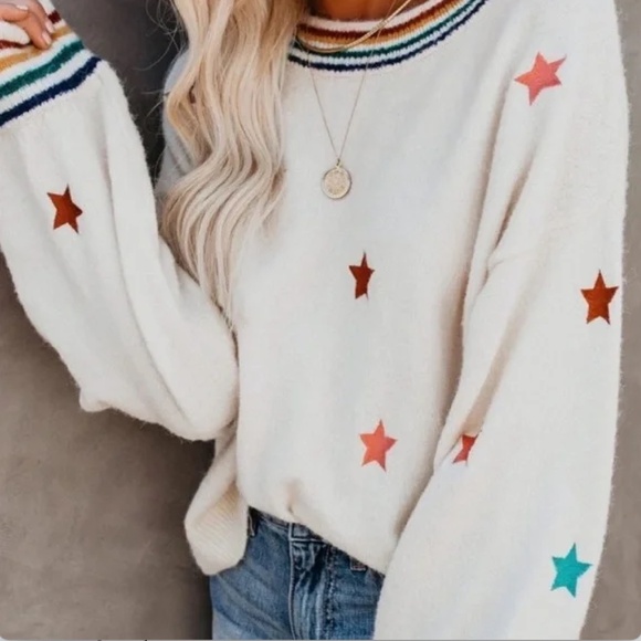 Women’s Oversized Cozy Sweater Rainbow Stars NWT - Picture 5 of 11